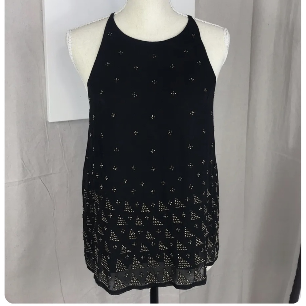 Joie Silk Caviar Gold Beaded High Neck Sleeveless Blouse Black Size Medium